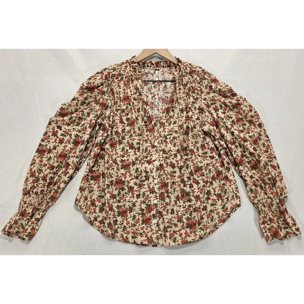 Free People Meant to Be Floral Blouse Ruffle Long Sleeve Cotton XS Romantic Boho
